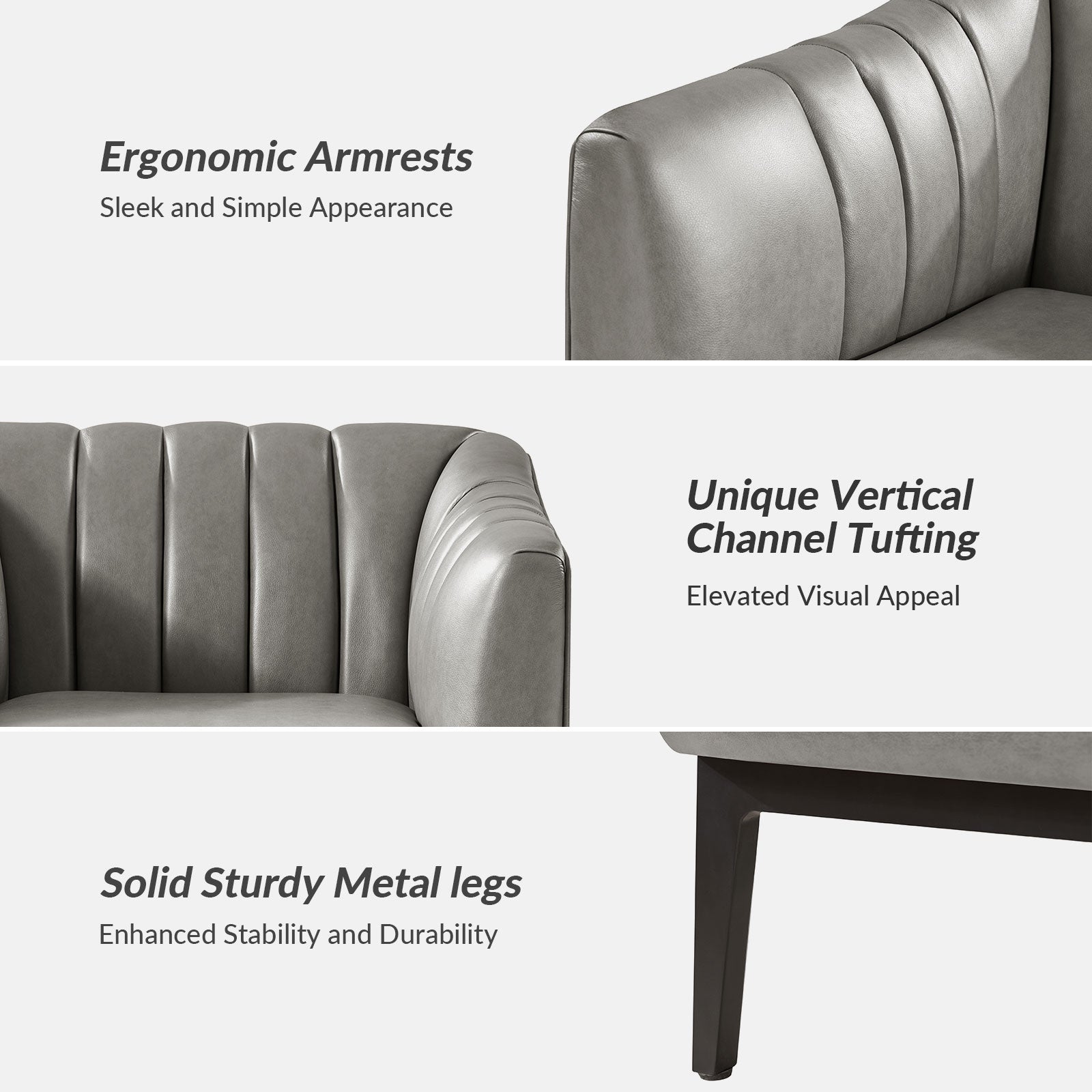 Fauteuil en similicuir à dossier capitonné vertical avec rembourrage en mousse et pieds en métal noir | Camel / Gris / Noir / Marron / Bleu marine | Siège individuel