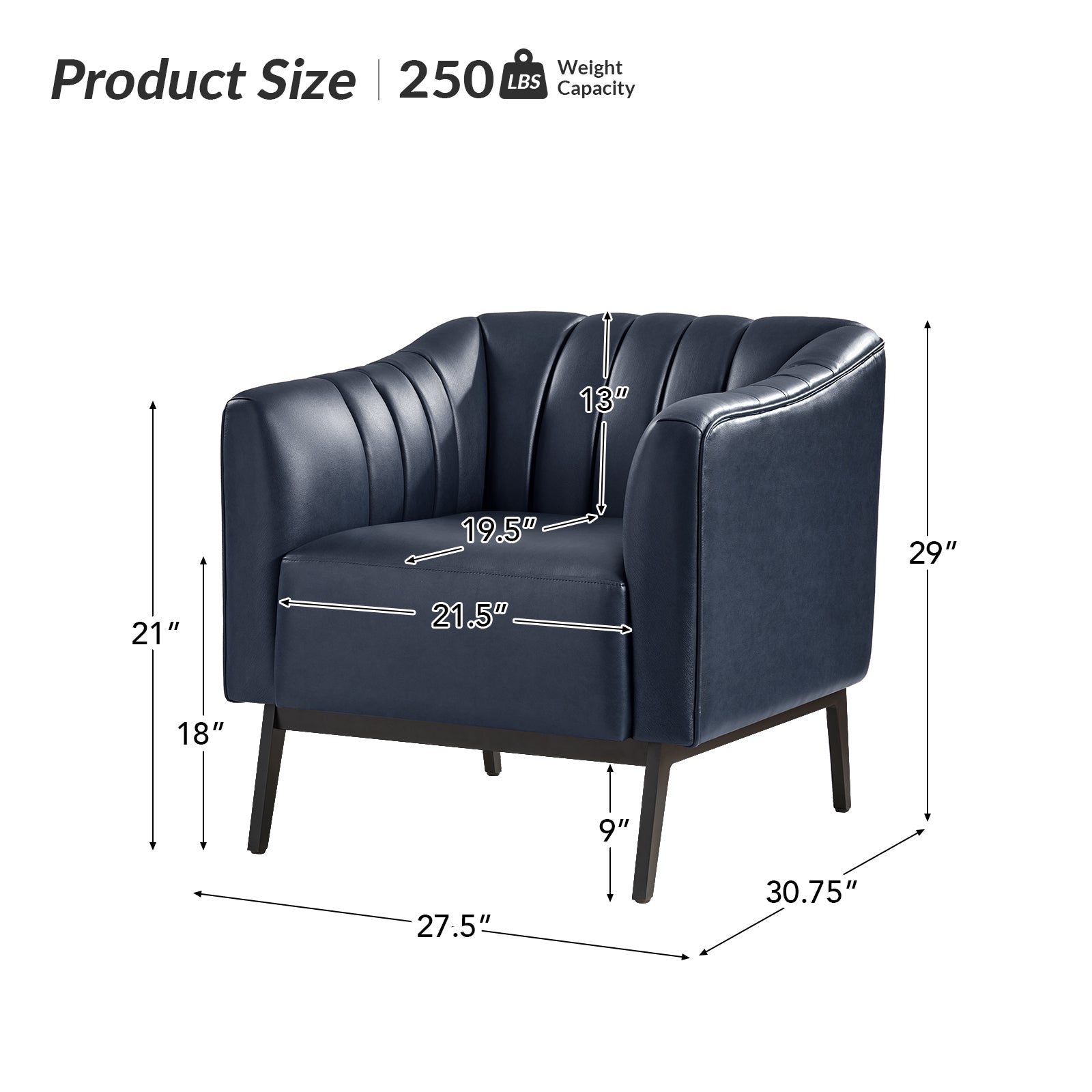 Fauteuil en similicuir à dossier capitonné vertical avec rembourrage en mousse et pieds en métal noir | Camel / Gris / Noir / Marron / Bleu marine | Siège individuel