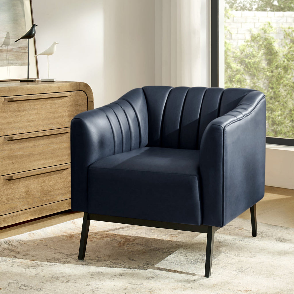 Fauteuil en similicuir à dossier capitonné vertical avec rembourrage en mousse et pieds en métal noir | Camel / Gris / Noir / Marron / Bleu marine | Siège individuel