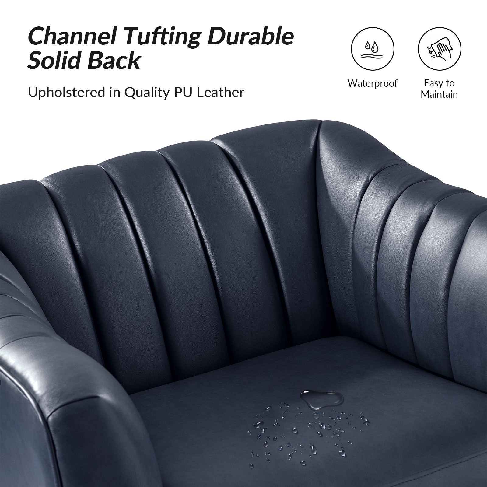 Fauteuil en similicuir à dossier capitonné vertical avec rembourrage en mousse et pieds en métal noir | Camel / Gris / Noir / Marron / Bleu marine | Siège individuel