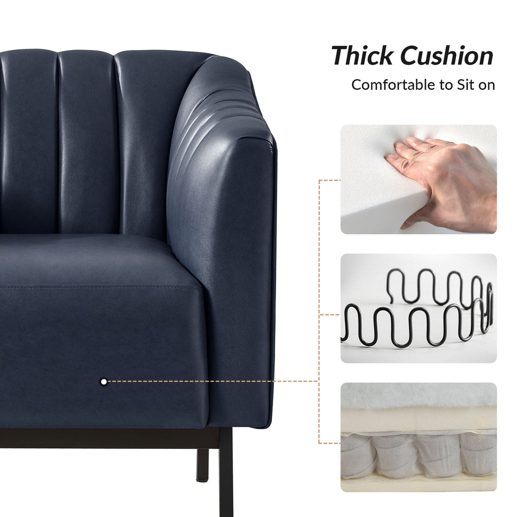 Fauteuil en similicuir à dossier capitonné vertical avec rembourrage en mousse et pieds en métal noir | Camel / Gris / Noir / Marron / Bleu marine | Siège individuel