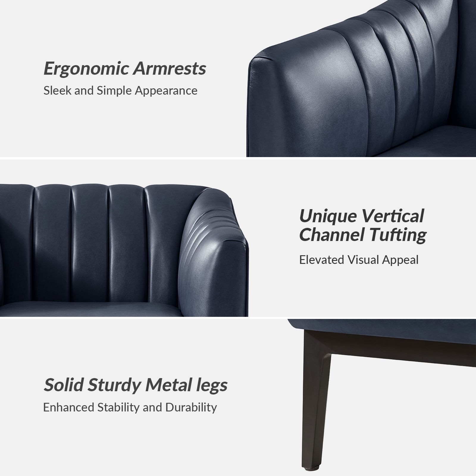 Fauteuil en similicuir à dossier capitonné vertical avec rembourrage en mousse et pieds en métal noir | Camel / Gris / Noir / Marron / Bleu marine | Siège individuel