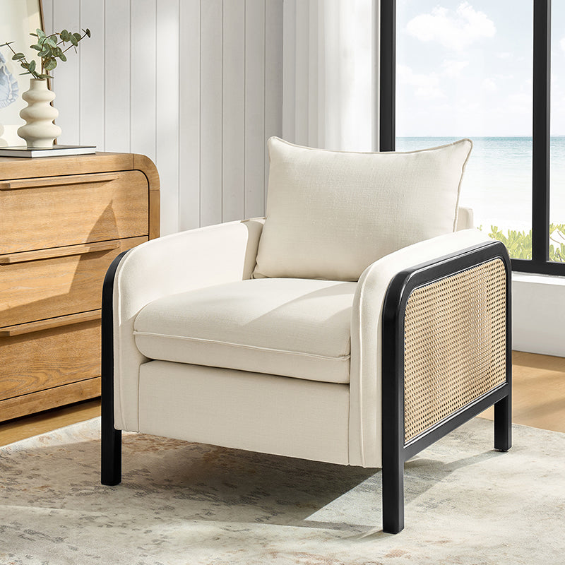 Fauteuil d'appoint en faux rotin avec coussin rembourré en polyester et garniture en mousse | Naturel / Marine | Siège unique