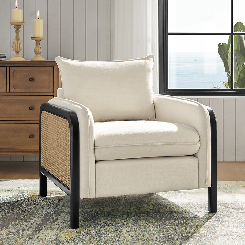 Fauteuil d'appoint en faux rotin avec coussin rembourré en polyester et garniture en mousse | Naturel / Marine | Siège unique