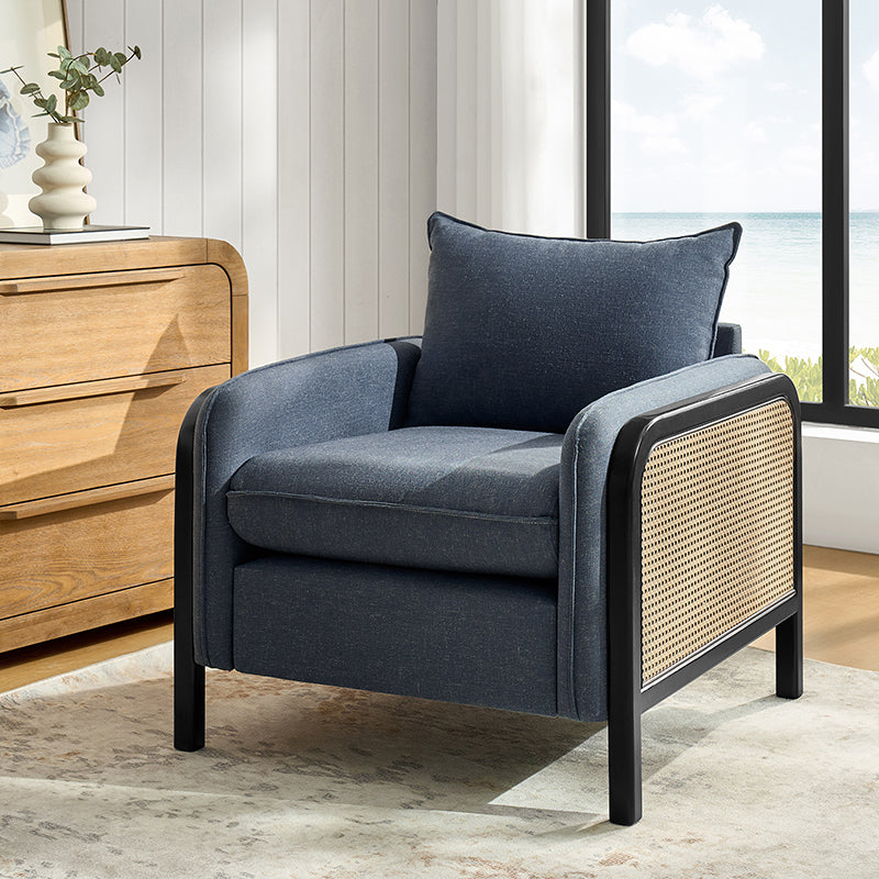 Fauteuil d'appoint en faux rotin avec coussin rembourré en polyester et garniture en mousse | Naturel / Marine | Siège unique