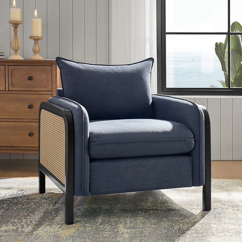 Fauteuil d'appoint en faux rotin avec coussin rembourré en polyester et garniture en mousse | Naturel / Marine | Siège unique