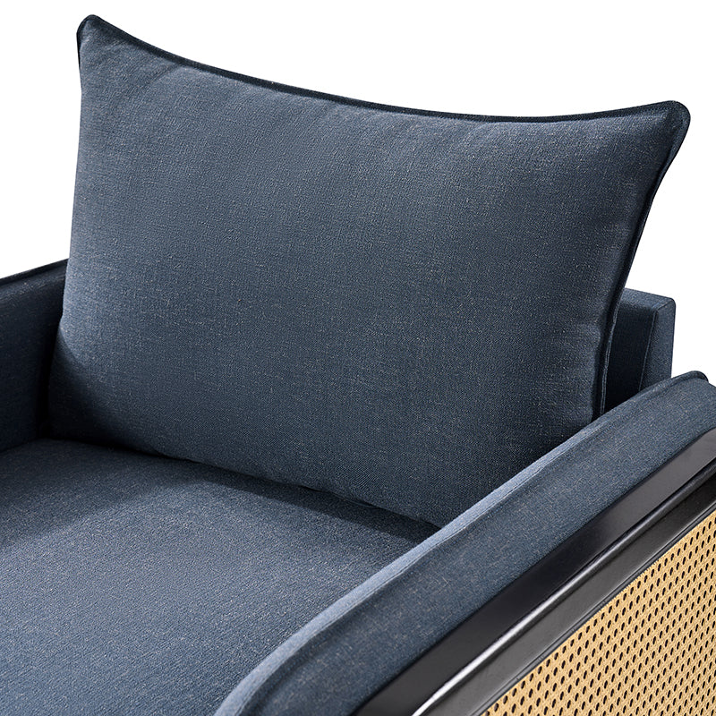 Fauteuil d'appoint en faux rotin avec coussin rembourré en polyester et garniture en mousse | Naturel / Marine | Siège unique