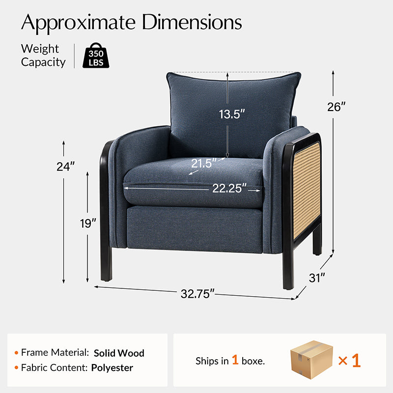 Fauteuil d'appoint en faux rotin avec coussin rembourré en polyester et garniture en mousse | Naturel / Marine | Siège unique