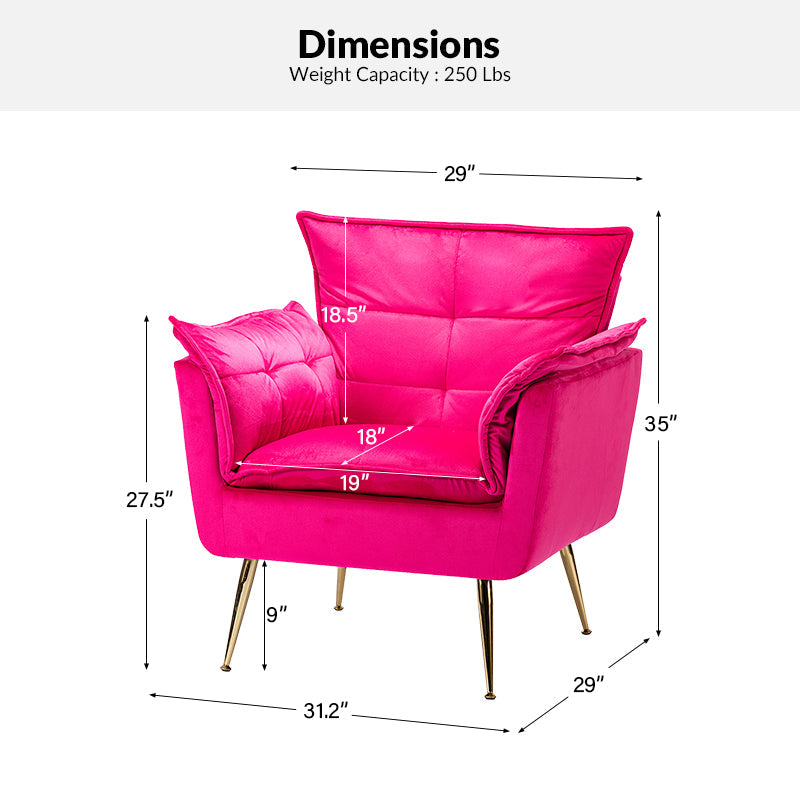 Fauteuil capitonné en velours avec rembourrage en mousse, accoudoirs et pieds en métal doré | Ivoire / Bleu marine / Sarcelle / Sauge / Vert / Fuchsia | Monoplace