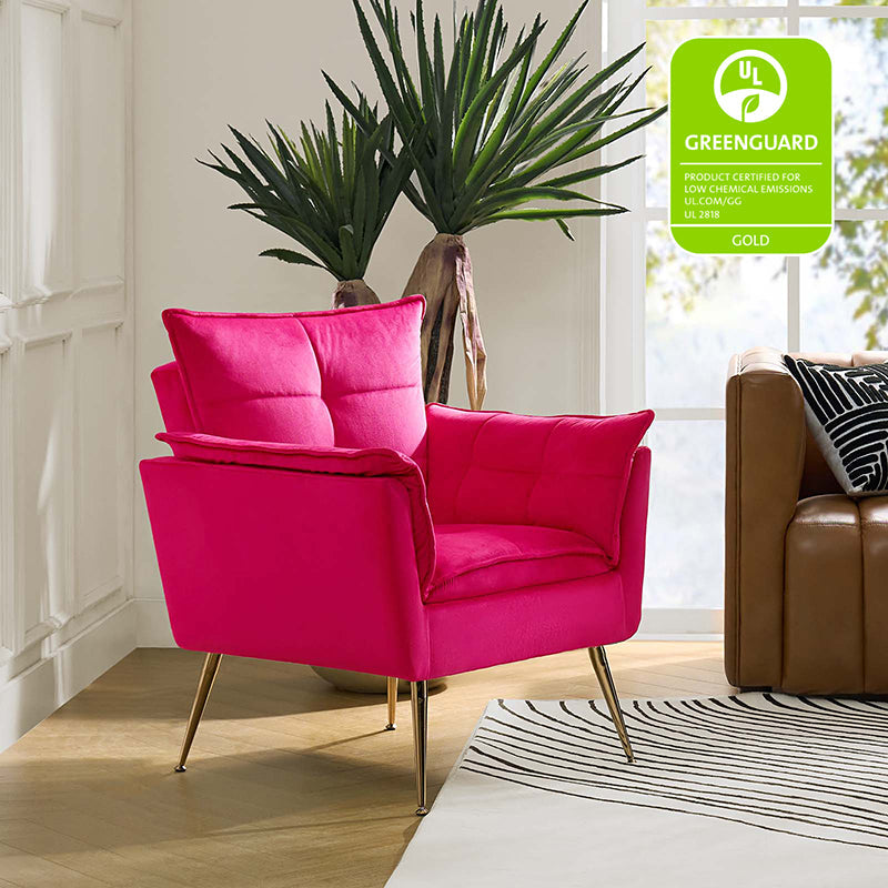 Fauteuil capitonné en velours avec rembourrage en mousse, accoudoirs et pieds en métal doré | Ivoire / Bleu marine / Sarcelle / Sauge / Vert / Fuchsia | Monoplace
