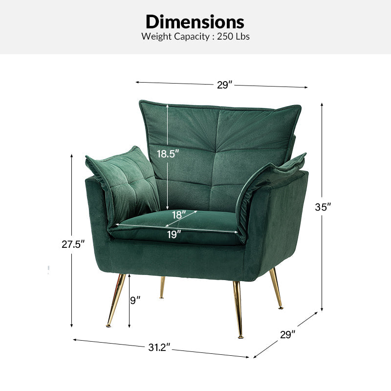 Fauteuil capitonné en velours avec rembourrage en mousse, accoudoirs et pieds en métal doré | Ivoire / Bleu marine / Sarcelle / Sauge / Vert / Fuchsia | Monoplace