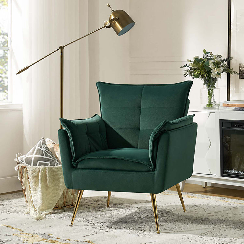 Fauteuil capitonné en velours avec rembourrage en mousse, accoudoirs et pieds en métal doré | Ivoire / Bleu marine / Sarcelle / Sauge / Vert / Fuchsia | Monoplace