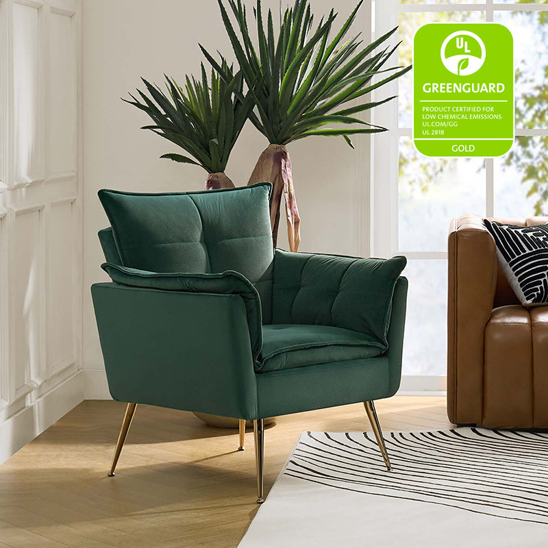 Fauteuil capitonné en velours avec rembourrage en mousse, accoudoirs et pieds en métal doré | Ivoire / Bleu marine / Sarcelle / Sauge / Vert / Fuchsia | Monoplace