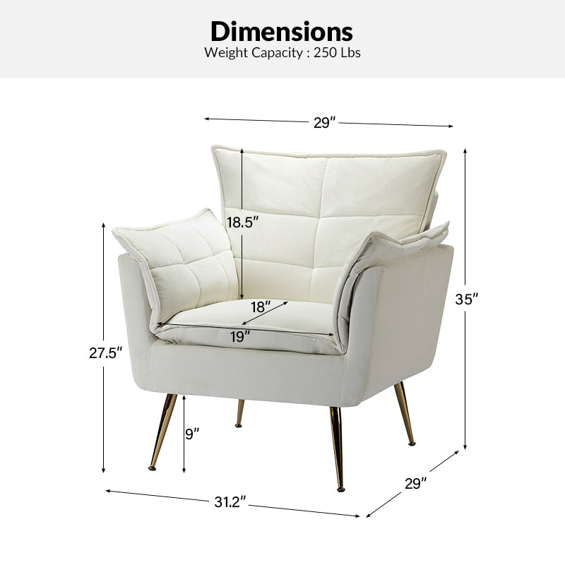 Fauteuil capitonné en velours avec rembourrage en mousse, accoudoirs et pieds en métal doré | Ivoire / Bleu marine / Sarcelle / Sauge / Vert / Fuchsia | Monoplace