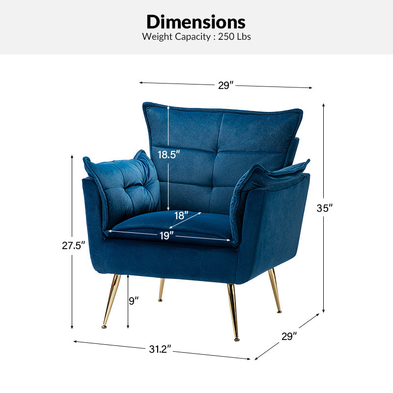 Fauteuil capitonné en velours avec rembourrage en mousse, accoudoirs et pieds en métal doré | Ivoire / Bleu marine / Sarcelle / Sauge / Vert / Fuchsia | Monoplace