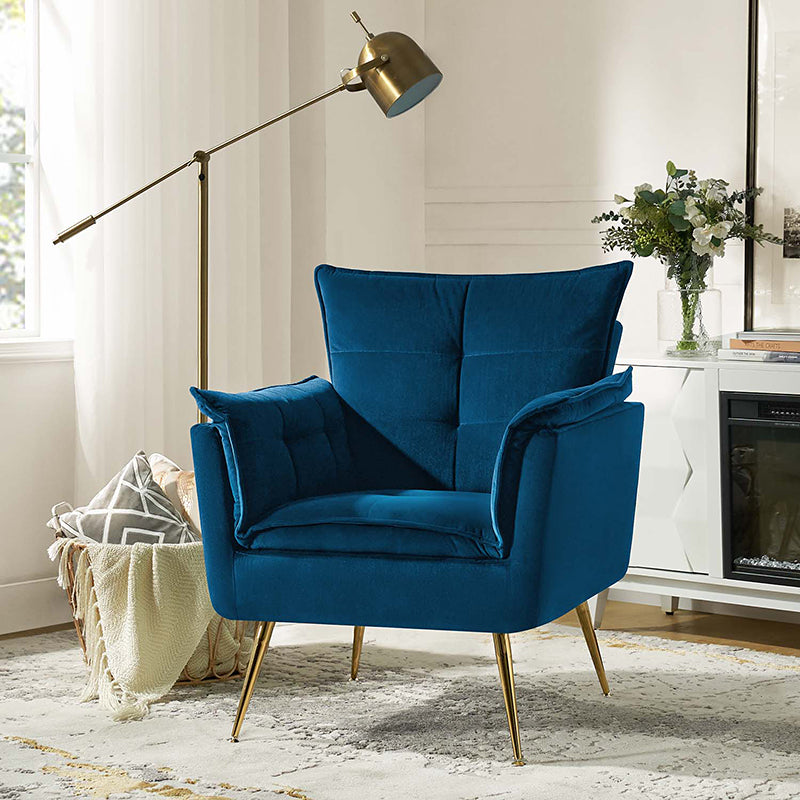 Fauteuil capitonné en velours avec rembourrage en mousse, accoudoirs et pieds en métal doré | Ivoire / Bleu marine / Sarcelle / Sauge / Vert / Fuchsia | Monoplace