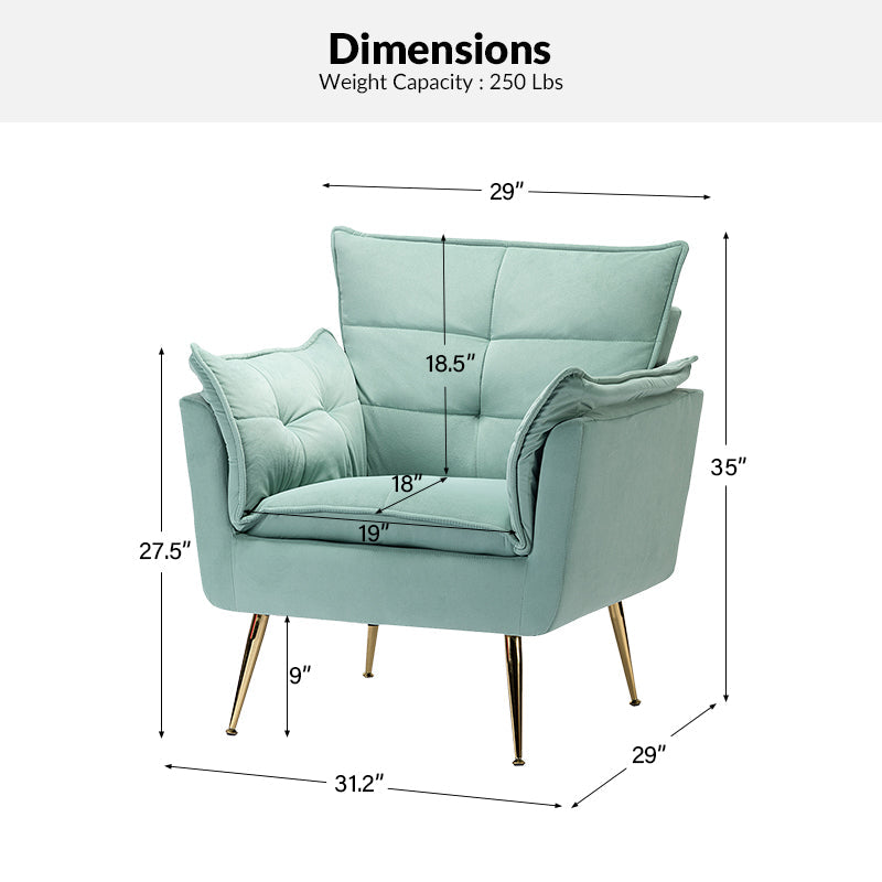 Fauteuil capitonné en velours avec rembourrage en mousse, accoudoirs et pieds en métal doré | Ivoire / Bleu marine / Sarcelle / Sauge / Vert / Fuchsia | Monoplace