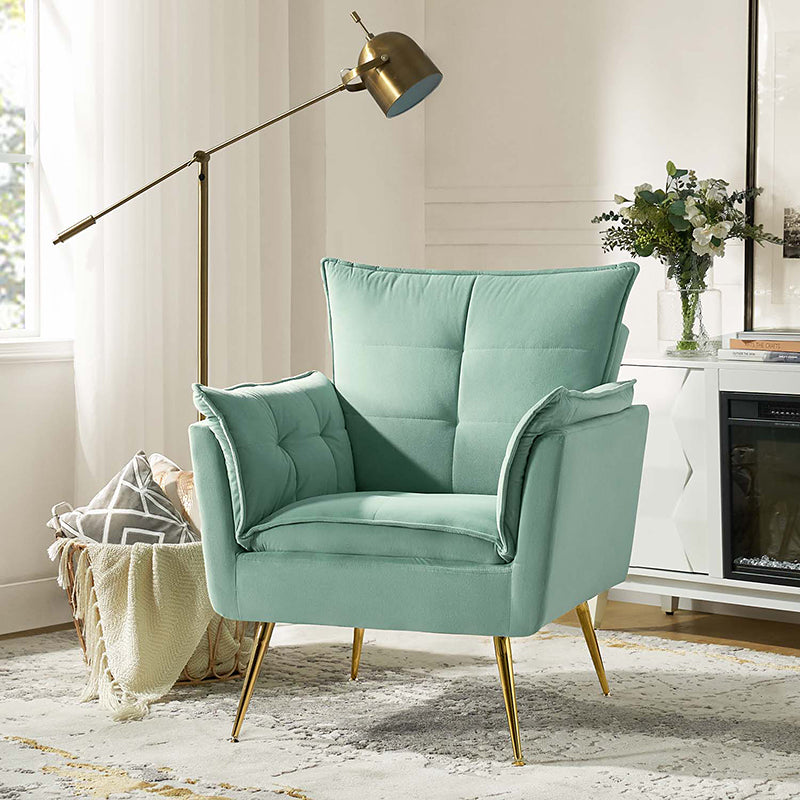 Fauteuil capitonné en velours avec rembourrage en mousse, accoudoirs et pieds en métal doré | Ivoire / Bleu marine / Sarcelle / Sauge / Vert / Fuchsia | Monoplace
