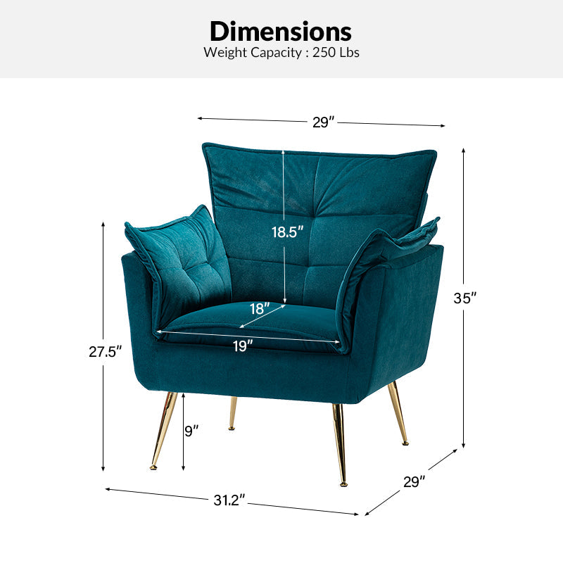 Fauteuil capitonné en velours avec rembourrage en mousse, accoudoirs et pieds en métal doré | Ivoire / Bleu marine / Sarcelle / Sauge / Vert / Fuchsia | Monoplace