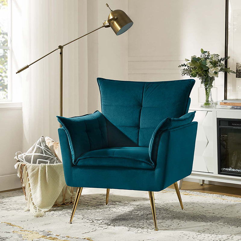 Fauteuil capitonné en velours avec rembourrage en mousse, accoudoirs et pieds en métal doré | Ivoire / Bleu marine / Sarcelle / Sauge / Vert / Fuchsia | Monoplace