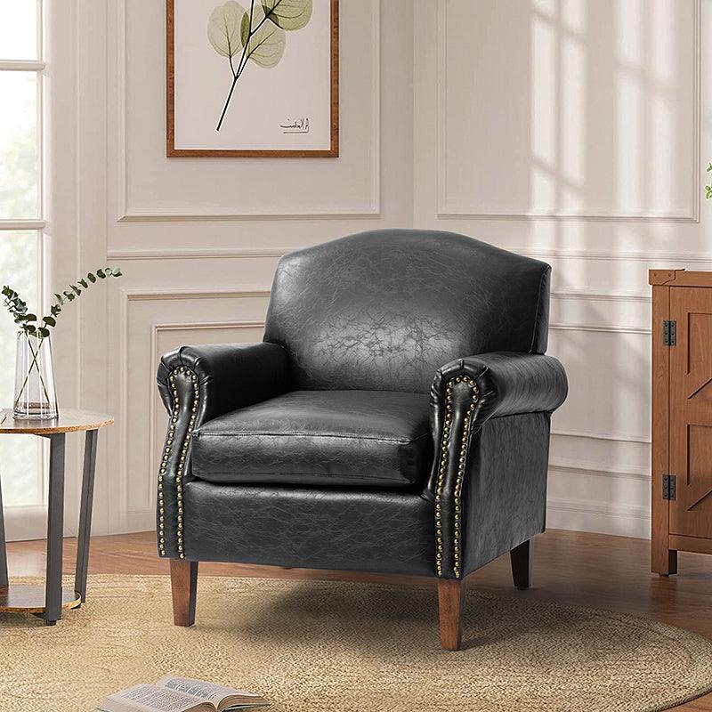 Fauteuil en cuir PU de couleur camel avec garniture cloutée, accoudoirs arrondis, rembourrage en mousse et pieds en bois de noyer massif | Marron / Camel / Taupe / Marine / Noir | Siège unique
