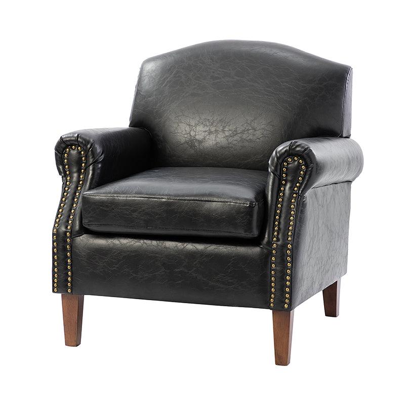 Fauteuil en cuir PU de couleur camel avec garniture cloutée, accoudoirs arrondis, rembourrage en mousse et pieds en bois de noyer massif | Marron / Camel / Taupe / Marine / Noir | Siège unique