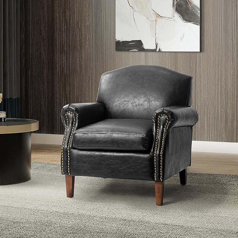 Fauteuil en cuir PU de couleur camel avec garniture cloutée, accoudoirs arrondis, rembourrage en mousse et pieds en bois de noyer massif | Marron / Camel / Taupe / Marine / Noir | Siège unique