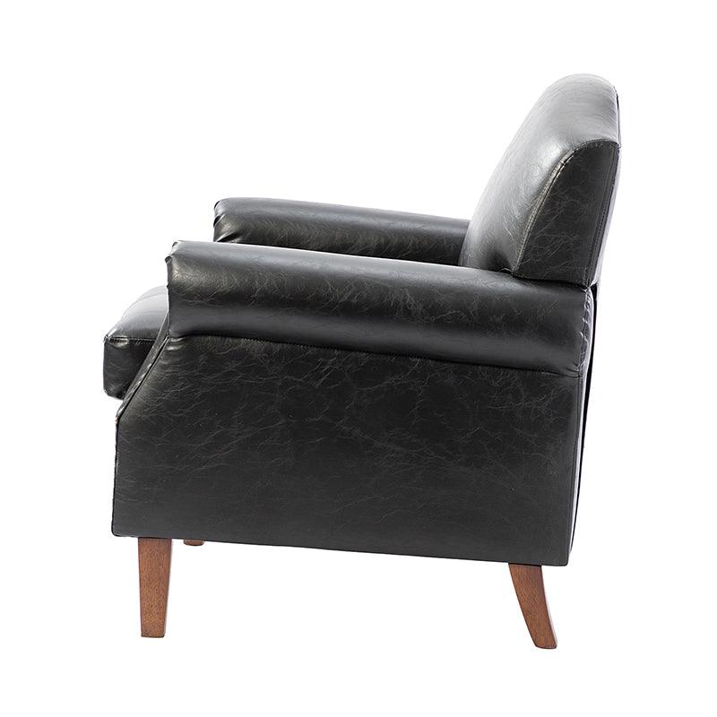 Fauteuil en cuir PU de couleur camel avec garniture cloutée, accoudoirs arrondis, rembourrage en mousse et pieds en bois de noyer massif | Marron / Camel / Taupe / Marine / Noir | Siège unique