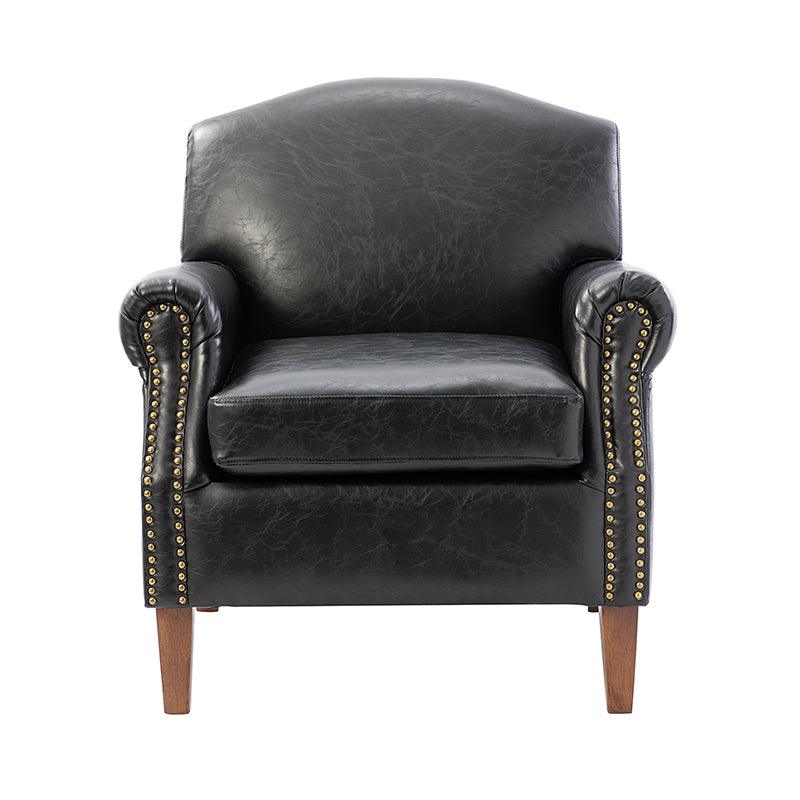 Fauteuil en cuir PU de couleur camel avec garniture cloutée, accoudoirs arrondis, rembourrage en mousse et pieds en bois de noyer massif | Marron / Camel / Taupe / Marine / Noir | Siège unique