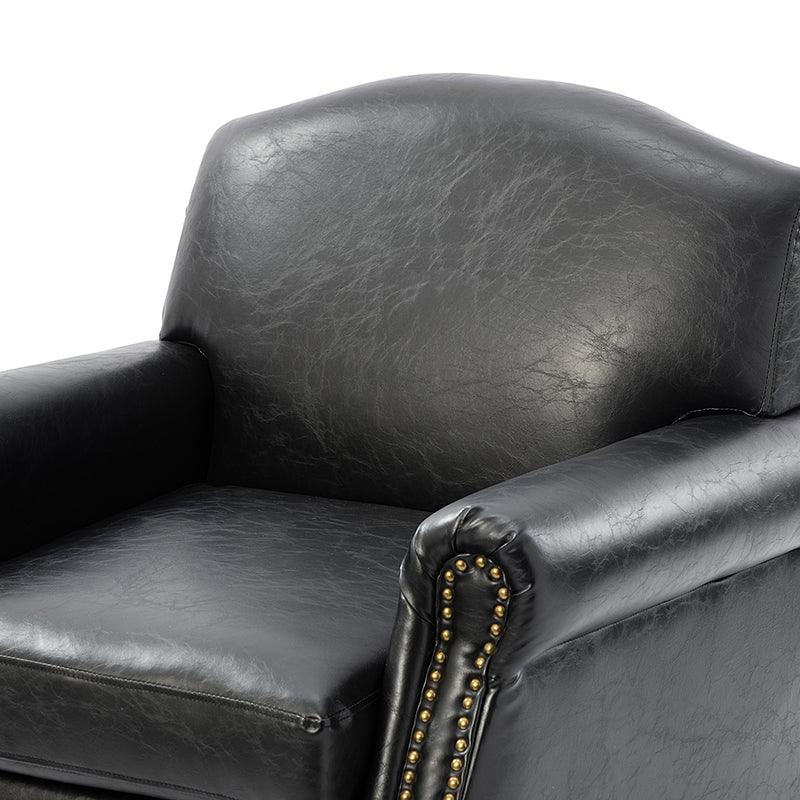 Fauteuil en cuir PU de couleur camel avec garniture cloutée, accoudoirs arrondis, rembourrage en mousse et pieds en bois de noyer massif | Marron / Camel / Taupe / Marine / Noir | Siège unique