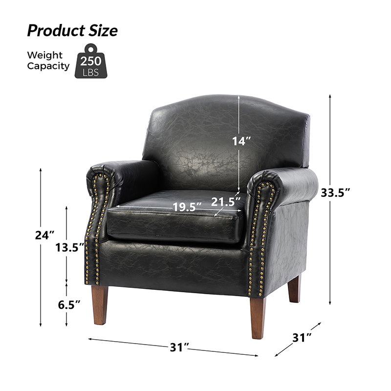 Fauteuil en cuir PU de couleur camel avec garniture cloutée, accoudoirs arrondis, rembourrage en mousse et pieds en bois de noyer massif | Marron / Camel / Taupe / Marine / Noir | Siège unique
