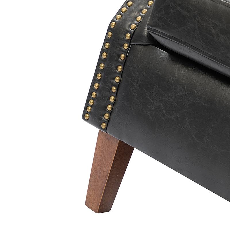 Fauteuil en cuir PU de couleur camel avec garniture cloutée, accoudoirs arrondis, rembourrage en mousse et pieds en bois de noyer massif | Marron / Camel / Taupe / Marine / Noir | Siège unique
