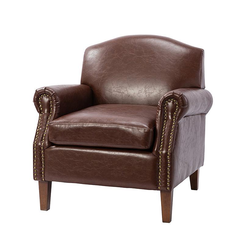Fauteuil en cuir PU de couleur camel avec garniture cloutée, accoudoirs arrondis, rembourrage en mousse et pieds en bois de noyer massif | Marron / Camel / Taupe / Marine / Noir | Siège unique