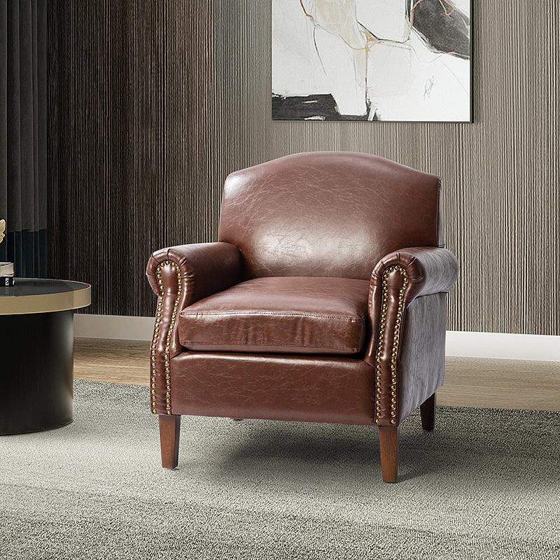 Fauteuil en cuir PU de couleur camel avec garniture cloutée, accoudoirs arrondis, rembourrage en mousse et pieds en bois de noyer massif | Marron / Camel / Taupe / Marine / Noir | Siège unique
