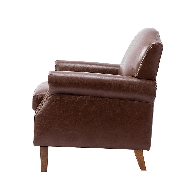 Fauteuil en cuir PU de couleur camel avec garniture cloutée, accoudoirs arrondis, rembourrage en mousse et pieds en bois de noyer massif | Marron / Camel / Taupe / Marine / Noir | Siège unique