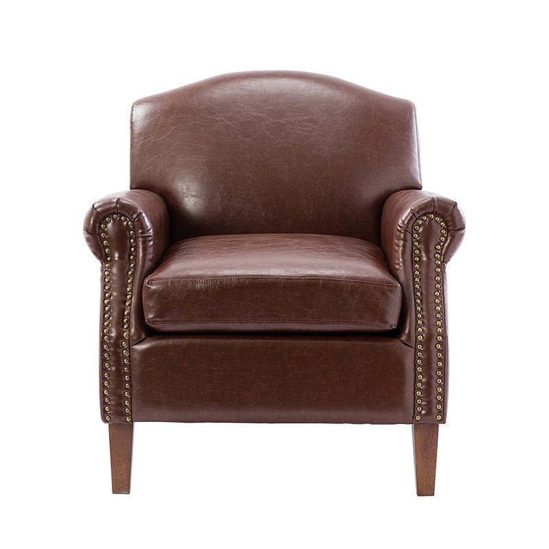 Fauteuil en cuir PU de couleur camel avec garniture cloutée, accoudoirs arrondis, rembourrage en mousse et pieds en bois de noyer massif | Marron / Camel / Taupe / Marine / Noir | Siège unique