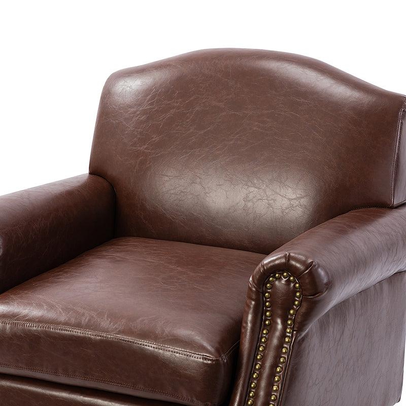 Fauteuil en cuir PU de couleur camel avec garniture cloutée, accoudoirs arrondis, rembourrage en mousse et pieds en bois de noyer massif | Marron / Camel / Taupe / Marine / Noir | Siège unique