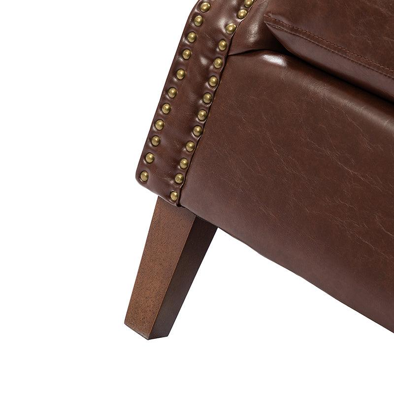 Fauteuil en cuir PU de couleur camel avec garniture cloutée, accoudoirs arrondis, rembourrage en mousse et pieds en bois de noyer massif | Marron / Camel / Taupe / Marine / Noir | Siège unique