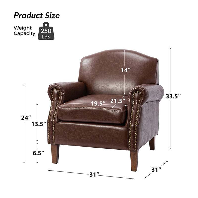 Fauteuil en cuir PU de couleur camel avec garniture cloutée, accoudoirs arrondis, rembourrage en mousse et pieds en bois de noyer massif | Marron / Camel / Taupe / Marine / Noir | Siège unique