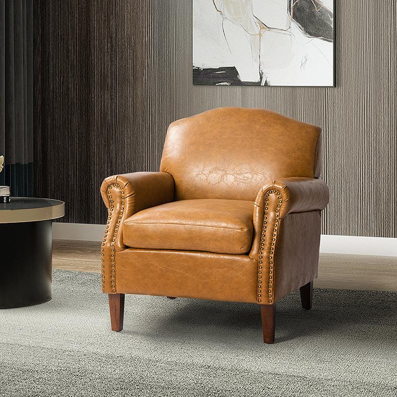 Fauteuil en cuir PU de couleur camel avec garniture cloutée, accoudoirs arrondis, rembourrage en mousse et pieds en bois de noyer massif | Marron / Camel / Taupe / Marine / Noir | Siège unique
