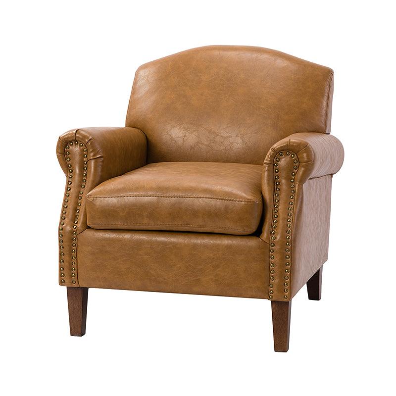 Fauteuil en cuir PU de couleur camel avec garniture cloutée, accoudoirs arrondis, rembourrage en mousse et pieds en bois de noyer massif | Marron / Camel / Taupe / Marine / Noir | Siège unique