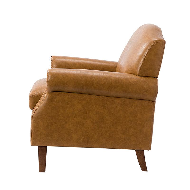 Fauteuil en cuir PU de couleur camel avec garniture cloutée, accoudoirs arrondis, rembourrage en mousse et pieds en bois de noyer massif | Marron / Camel / Taupe / Marine / Noir | Siège unique