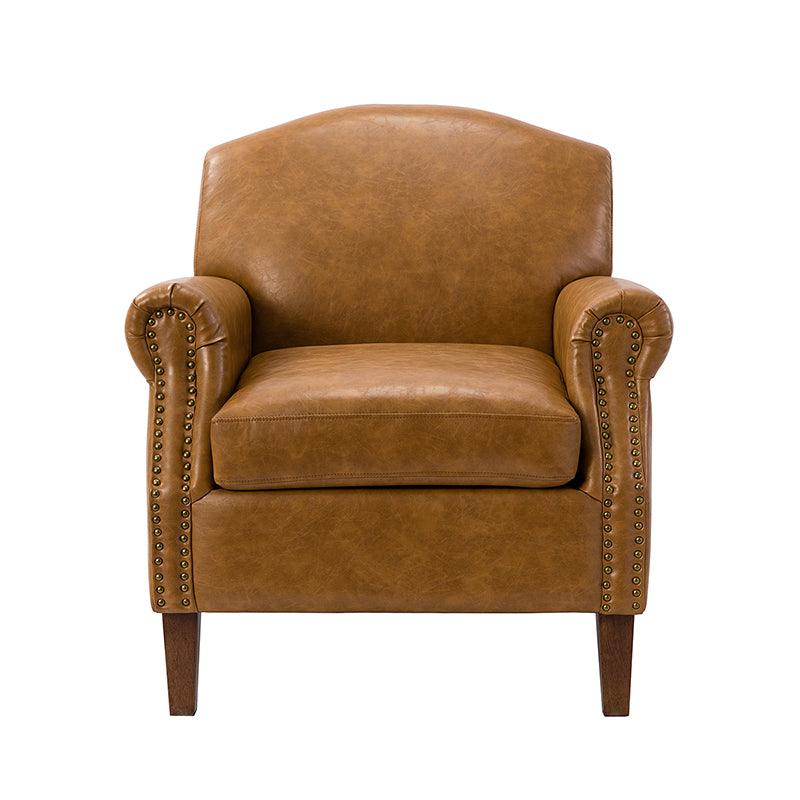 Fauteuil en cuir PU de couleur camel avec garniture cloutée, accoudoirs arrondis, rembourrage en mousse et pieds en bois de noyer massif | Marron / Camel / Taupe / Marine / Noir | Siège unique