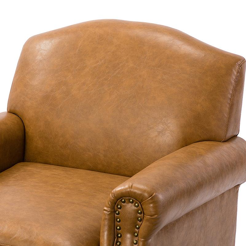 Fauteuil en cuir PU de couleur camel avec garniture cloutée, accoudoirs arrondis, rembourrage en mousse et pieds en bois de noyer massif | Marron / Camel / Taupe / Marine / Noir | Siège unique