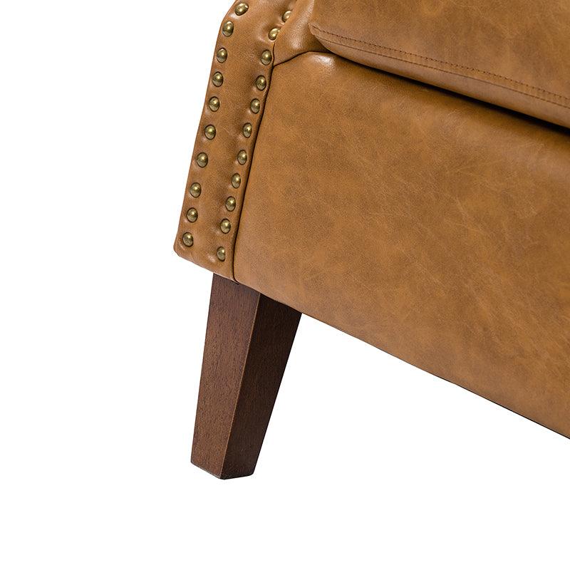 Fauteuil en cuir PU de couleur camel avec garniture cloutée, accoudoirs arrondis, rembourrage en mousse et pieds en bois de noyer massif | Marron / Camel / Taupe / Marine / Noir | Siège unique