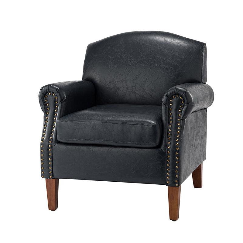 Fauteuil en cuir PU de couleur camel avec garniture cloutée, accoudoirs arrondis, rembourrage en mousse et pieds en bois de noyer massif | Marron / Camel / Taupe / Marine / Noir | Siège unique