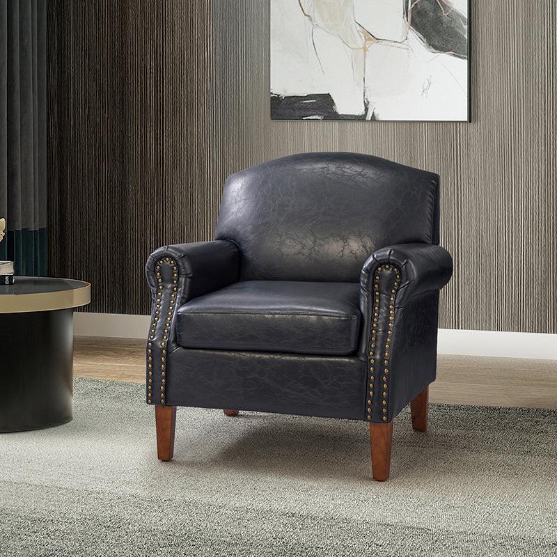Fauteuil en cuir PU de couleur camel avec garniture cloutée, accoudoirs arrondis, rembourrage en mousse et pieds en bois de noyer massif | Marron / Camel / Taupe / Marine / Noir | Siège unique