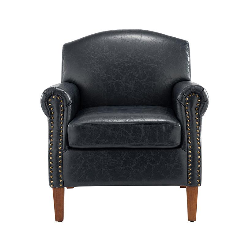 Fauteuil en cuir PU de couleur camel avec garniture cloutée, accoudoirs arrondis, rembourrage en mousse et pieds en bois de noyer massif | Marron / Camel / Taupe / Marine / Noir | Siège unique
