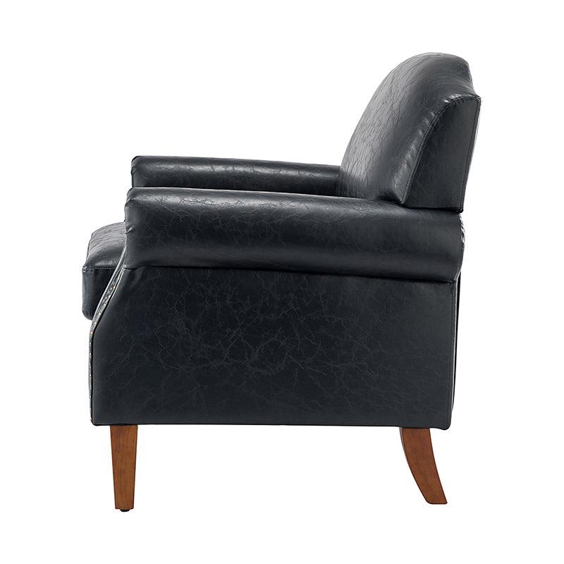 Fauteuil en cuir PU de couleur camel avec garniture cloutée, accoudoirs arrondis, rembourrage en mousse et pieds en bois de noyer massif | Marron / Camel / Taupe / Marine / Noir | Siège unique
