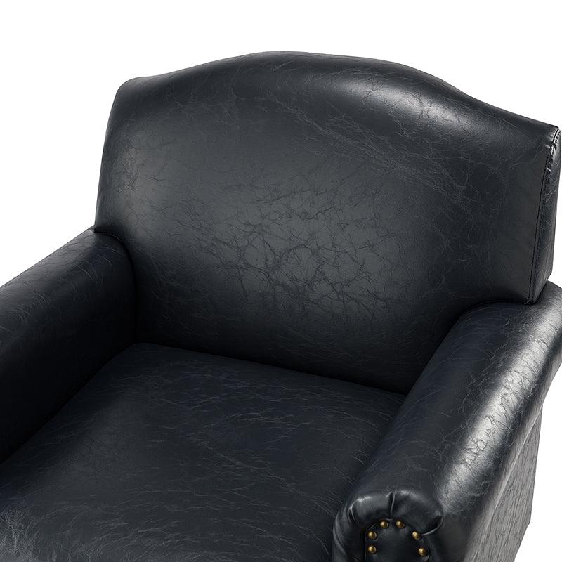 Fauteuil en cuir PU de couleur camel avec garniture cloutée, accoudoirs arrondis, rembourrage en mousse et pieds en bois de noyer massif | Marron / Camel / Taupe / Marine / Noir | Siège unique